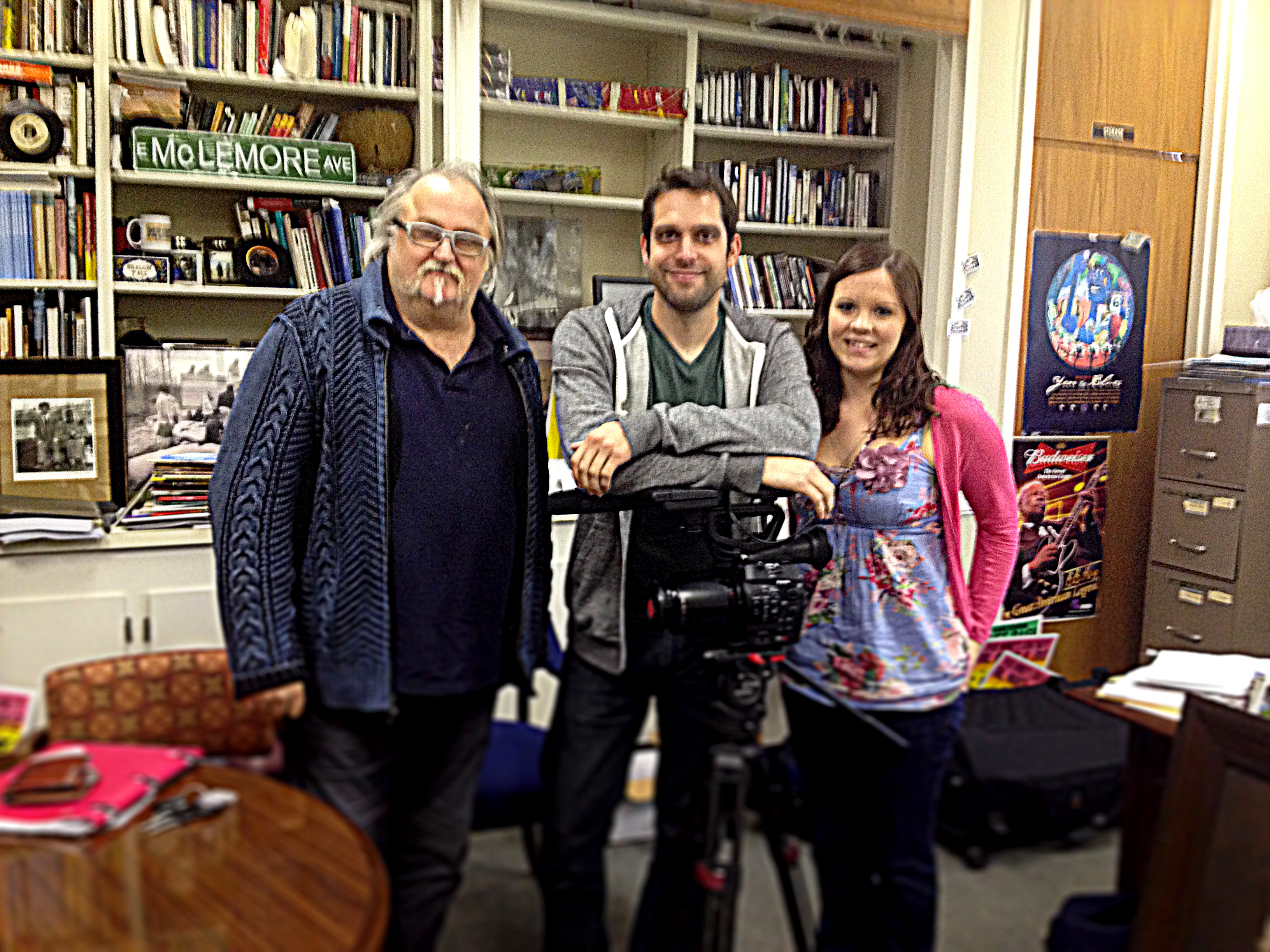 Photo:  Director Jon Brewer, Cameraman Josh Gibson, and Assistant Producer: Harriet Glynn in the office of the Delta Center for Culture and Learning.  Photo by Luther Brown